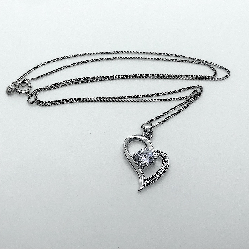 STERLING Silver & Cz Sloped Curved Heart Pendant w 925 Chain 19” + 1” Pendant